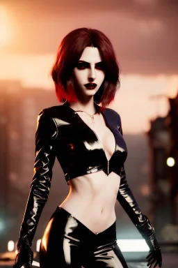 vampire, portrait from waist up, pale skin, latex and leather attire, crimson eyes, intricate eyeliner, vibrant eyeshadow, clear completion, soft lighting, 4k resolution, intricate details, insanely detailed, colorful cityscape background, masterpiece, expert, cinematic smooth, retroanime style, realistic details, no helmet