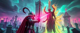 Epic portrait of knighted paladin vs demi-lich in tower cemetery in the style of Giger and Escher in Transparent Psychedelic Fluorescent Colors looking like a Record Cover, multidimensional depth of field, motion blur