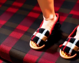 Red plaid slippers on black bearskin rug,log cabin walls, stone fireplace