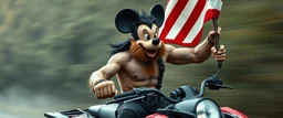 hi speed bad ass cyber punk masculine realistic mickey mouse rambo humanoid with hairy arms and chest, on quad, motion blurred background, holding american flag