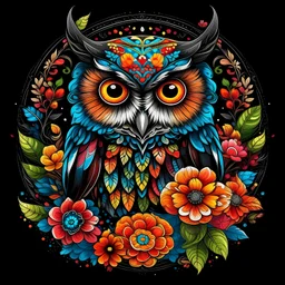 a colorful American owl face around big flowers mandala black background