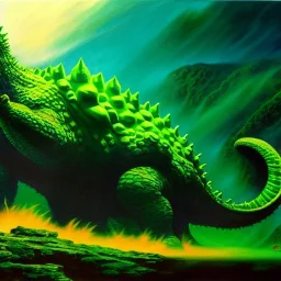 Drawing of ' Green Godzilla', painting by Earl Norem, simon Bisley,frazetta,西嘛哒, evan lee, Vallejo,kelly oil on canvas, cinematic composition, extreme detail,fit full head inside picture,8k