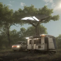 A recreational vehicle with solar panels and hanging from a tree