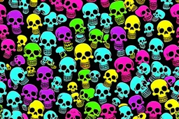 a field of 1000s of cartoonish, anatomically correct, skulls, vivid RANDOM BRIGHT neon colors, dark comedy, well lit, high detail, photorealistic, horrorcore, fun, scary, none featured, each a different color or hue,