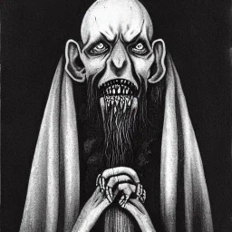 Nosferatu with four yellow eyes with fleshy tentacle beard grey skin and vampire fangs as a Russian Orthodox