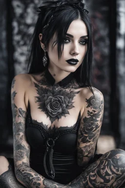 Girl goth many tattoos on his body, siting, fullbody, made background liquid, macro photography,