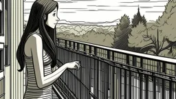 Illustration of a 23 year old Caucasian woman with long brown hair, wearing a black and white striped bikini, standing on a balcony with a metal railing, looking out at a green landscape with trees and a man walking on a path. The building behind her has a textured gray wall and wooden panels. The style is reminiscent of a hand-drawn sketch with bold outlines and a limited color palette, creating a graphic novel effect.
