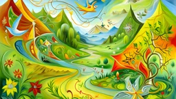 in a roberto matta style the changing of seasons in a beautiful landscape. Also, add the word stagioni