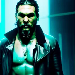 Actor, jason momoa, blade runner style, rain, fog, neon ambient, gradient color, clean skin, circuits, latex coat, cyber punk, neon, tubes, portrait, photo studio, unreal engine 5, smooth color, 16 bit, god lights, ray tracing, RTX, lumen lighting, ultra deatail, volumetric lighting, 3d, finely drawn, hd.