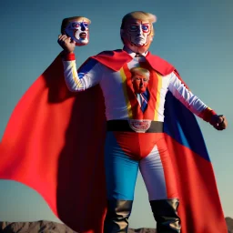 realistic image of donald trump as a mexican wrestling fighter posing outdoors, Mexican eyes wrestling mask, red and blue breeches, confederate flag cape, retro style, 80s, vibrant color, highly detailed, sky background, concept art, unreal engine 5, god rays, ray tracing, RTX, lumen lighting, ultra detail, volumetric lighting, 3d, finely drawn, high definition, high resolution.