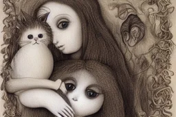 a cute foam girl hugging a foam ragdoll-cat , fine detailed, face drawing, dim background sharp focus elegant fantasy intricate very attractive beautiful ultra detailed colourful anatomically correct (A} Hieronymus Bosch, Henri Rousseau, Nicoletta Ceccoli, (A1) Anna Dittman, Remedios Varo, Sherry Akrami (A2) Serge Marshennikov, Zdzislav Beksinski