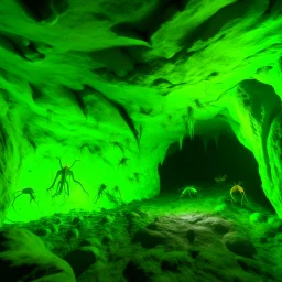 A lime green cavern with crawling ants designed in native American petroglyphs painted by Frank Wilson