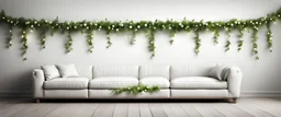 Hyper Realistic Green garlands on a rustic white lounge empty wall with vignette effect