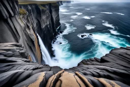 massive intimidating rock cliffs ascend all around and further up out of view. far below, the stormy ocean swirls intimidatingly. The ocean water falls off a waterfall down into unknown depths.