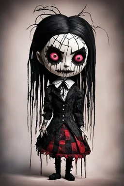 full color, illustration of a dark menacing Victorian goth vampire girl, tall and willowy ala Wednesday Addams, as a decayed, broken, crude homemade patchwork cloth doll toy, with a cracked porcelain face, thick dark eyebrows, hair made from ragged strips of cloth, art in the style of Alex Pardee and Tim Burton