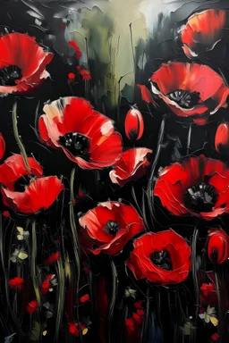 pepcia Prompt A mesmerizing palette knife painting featuring a dynamic cluster of vivid red poppies. The expertly applied thick layers of p aint create a striking three-dimensional effect, accentuating the unique shape and richness of each petal. Contrasted against the deep black centers, the poppies are further enhanced by subtle hints of pink and orange, adding depth and dimension. Amidst this vibrant display, the poppies stand out boldly against a muted background of soft greens and subt