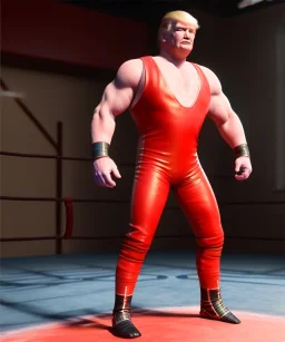 Wrestler Donald trump, wrestling, red breeches, suspenders, retro style, 80s, hot ambient, photo studio, vibrant color, gradient, highly detailed, art stations, concept art, smooth, unreal engine 5, god rays, ray tracing, RTX, lumen lighting, ultra detail, volumetric lighting, 3d, finely drawn, high definition, high resolution.