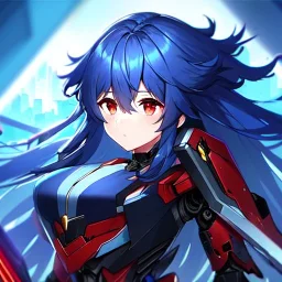 girl, masterpiece, best quality, volumetric lighting, dynamic pose, detailed outfit, perfect eyes, blue hair, red eyes, messy hair, long hair, mech outfit, mech spear,