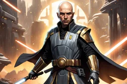 star wars bald male corellian jedi pilot wearing black and gunmetal grey old republic armored robes with gold trim, alone, battle-ready Jedi Master defending a ruined ancient city surrounded by golden light, centered head and shoulders portrait, hyperdetailed, dynamic lighting, hyperdetailed background, 8k resolution, volumetric lighting, light skin, fully symmetric details