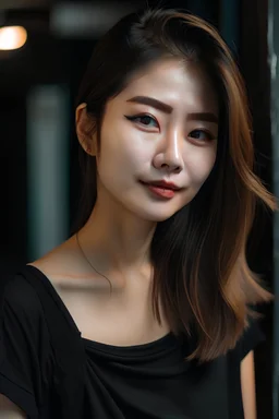 portrait of Namtanlitaa (Thailand Modeling Instagram Influencer) posting in black shirt open shoulder, realistic person, details