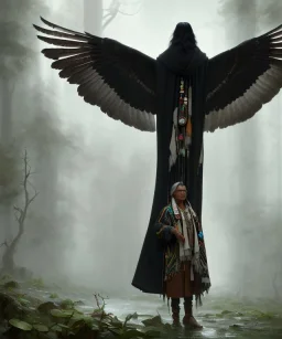 native american shaman, wise man, long black hair, black hooded coat like wings, 8k resolution concept art portrait by Greg Rutkowski