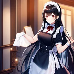 girl, masterpiece, best quality, volumetric lighting, detailed outfit, perfect eyes, long hair, black hair, red eyes, maid, indoors, cleaning,