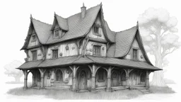 A front elevation line drawing of a fantasy mediaeval ramshackle house.