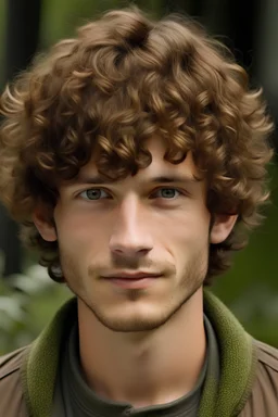 Curly haired guy (medium length), with a rectangular face structure