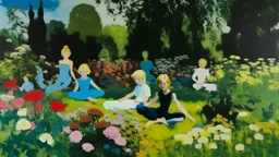 An oil painting by Manet and Andy Warhol of people practicing yoga surrounded by blooming flowers and lush vegetation.