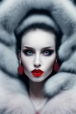 Minimalistic portrait of a beautiful woman with red lips and cold big eyes wearing earrings, a light pink fur coat in a haute couture style isolated on a dark background, cinematic lighting, ultra-realistic, shot in the style of hasselblad