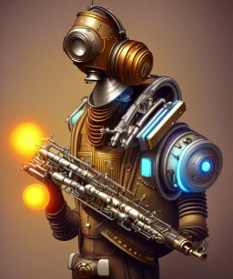 happy mechanoid person playing jazz with a steampunk theme, realistic