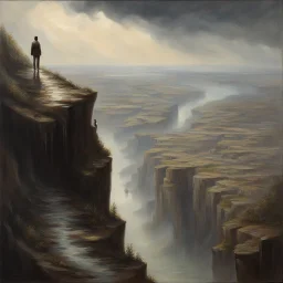 oil painting, an old track on a tall cliff, a man standing on the cliff and looking at the flooded city below him