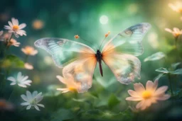 diaphanous colorful transparent light butterfly with glowing center on green leaves and flowers, ethereal, otherwordly, cinematic postprocessing, bokeh, dof