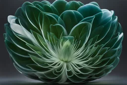 A mesmerizing depiction of dark green botanic organ mutation, inside translucent bulging glass petals. This exquisite image, possibly a painting or digital artwork, captures the complexity and elegance of this bizarre subject.the external presentation is a light blue beautiful and fragile pretty opacity, but inside is a horror muatation of botanical ecco sexual evolution. Every intricate detail is meticulously rendered, showcasing the strangeness and beauty in this strangely captivating world. T