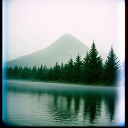 A polaroid photo of a group of fir trees in the background and a high hill in the distance. A lake. The surface below is in a pastel color. Fog is present.