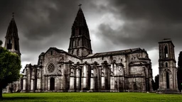 ancient cathedral against a darkening sky