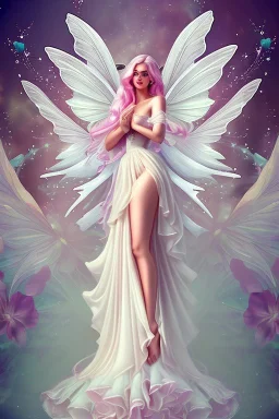 Magnifique woman lady fairy facing happy voluptuous white pink enchanted flowers wings magic long big dress pink outerspace stars planets