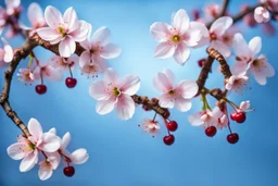 fantastic light pin blue background with four bunches of cherry blossoms