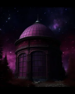 A dark magenta magical observatory pointed at the stars painted by Claude Monet