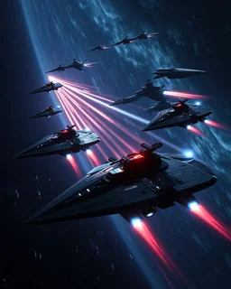 Stealth frigates futuristic emerging from cloaking fields to ambush a heavily armored dreadnought fleet, ion torpedoes streaking through the dark, holographic countermeasures flaring, sci-fi space warfare at its finest, dramatic shadows, octane render, futuristic concept art