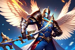 Portrait of male Paladin with angel wings in heavily decorated Armor and Helmet wielding magic weapon