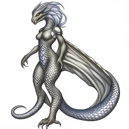 A dragonoid human with silver scales along with a long, flexible tail