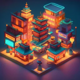 cute isometric china town, cutaway box, traditional, night lights, neon sign, hanging lanterns, electric posts with lamps, old taxis. highly detailed, made with blender, promotional brochure