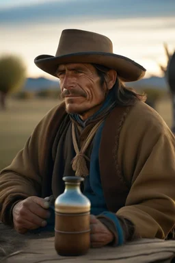 Gaucho argentino tomando mate en un atardecer ,fondo de imagen en degrade