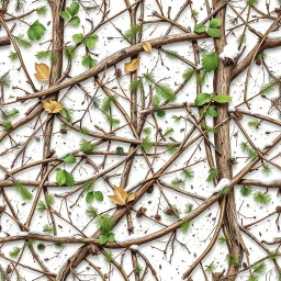 Real Tree Camouflage made of sticks, twigs, leaves, pine branches, snow and dirt, white background, seamless repeatable texture pattern imitating a natural forest background