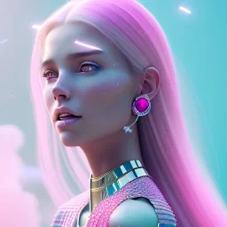 A portrait of a crystalised girl,smiling, laughting, long hairs white , atmospheric, realistic,, cinematic lighting, octane render,, pink turquoise light, white skin, pink atmosphere