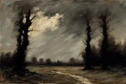 Trees, clouds, 2000's gothic films influence, willem maris and friedrich eckenfelder impressionism painting