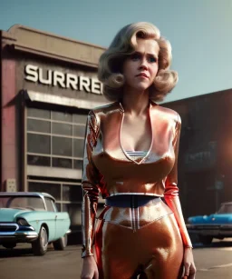 Ultra Realistic retro sci-fi movie Supermarket parking scene, 1960 year, waist up view portrait, a giant blonde woman, sweet teenager Jane Fonda face, perfect iris, glow eyes, face makeup, tight latex coat, many people, Retro sci-fi style, soft color, highly detailed, unreal engine 5, ray tracing, RTX, lumen lighting, ultra detail, volumetric lighting, 3d, finely drawn, high definition, high resolution.