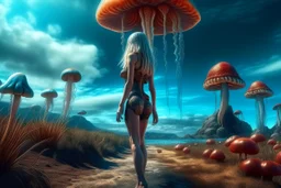 woman in a tight suit, on the shores of an alien world, with mushrooms, with jellyfish tentacles floating in the air, photorealistic, Detailed Matte Painting, Deep Colour, Fantastical, Intricate Detail, sunshine, blue sky