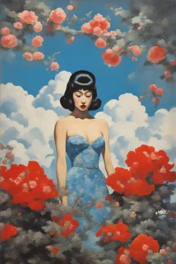 psycho art,cloud in blue sky, a red lip, collage art, shuji terayama, dreamy objects, surreal, criterion collection, showa era, intricate details, mirrormugshot, Planet of the Apes, blue, large, floral designs, atmospheric, beautiful, China Doll, oil painting by Frank Frazetta